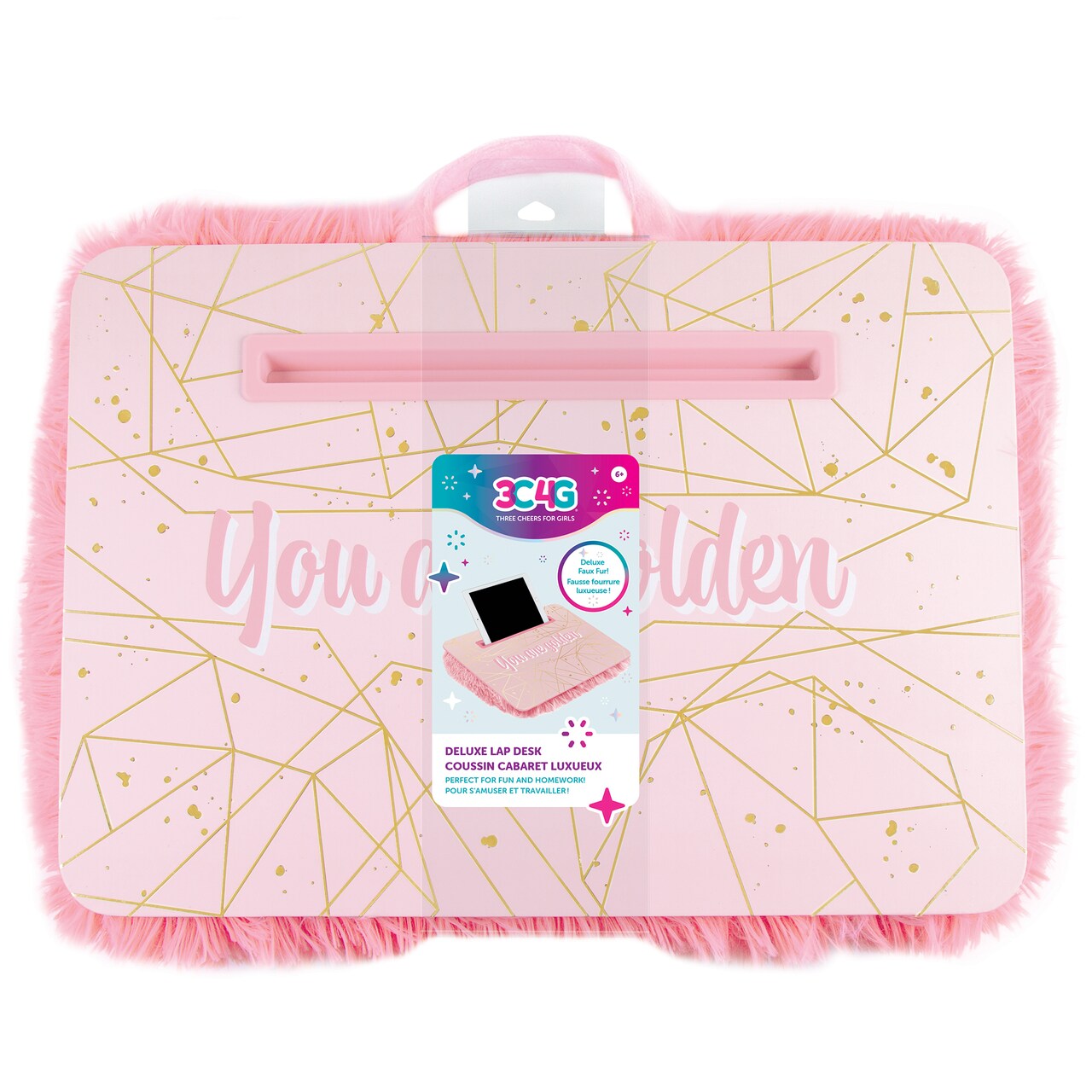 3C4G: Pink & Gold Deluxe Fur Lap Desk - You Are Golden, Make It Real, Tweens & Girls, Portable Lap Pillow Desk W/ Handle, Versatile Media Slot - 12” x 17”, Cozy Faux Fur Cushion, Perfect For Fun & Homework, Three Cheers For Girls, Kids Ages 6+
